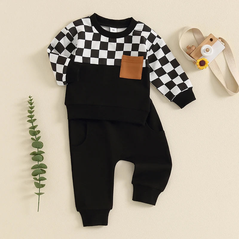 Baby Toddler Boys 2Pcs Fall Clothes Checkerboard Print Long Sleeve Pocket Top with Solid Color Long Pants Outfit Set