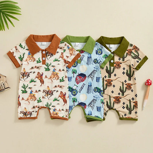 Baby Boys Summer Button Collar Romper Short Sleeve Lapel Western Cowboy Horse Tractor Farm Cactus Cow Print Jumpsuit