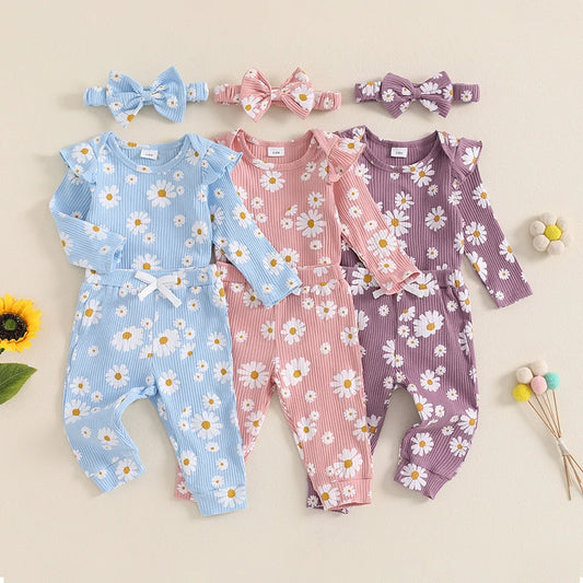 Baby Girls 3Pcs Fall Outfit Daisy Flower Print Long Sleeve Romper with Long Pants and Headband Set