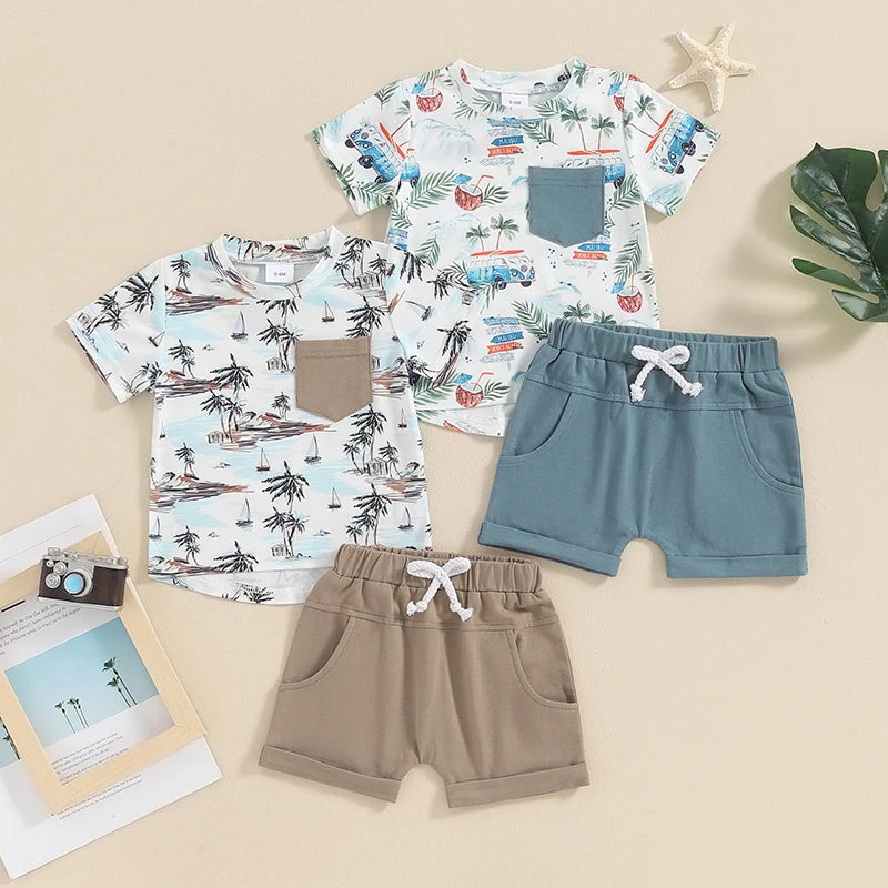 Baby Toddler Boys 2Pcs Summer Outfit Beach Style Palm Tree Coconut Van Surf Print Short Sleeve Top Elastic Waist Shorts Set