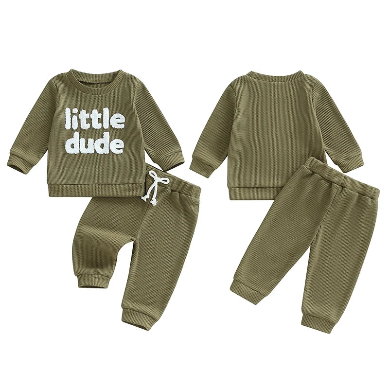 Baby Toddler Boys 2Pcs Little Dude Waffle Outfit Letter Embroidery Long Sleeve Top with Elastic Waist Solid Pants Set