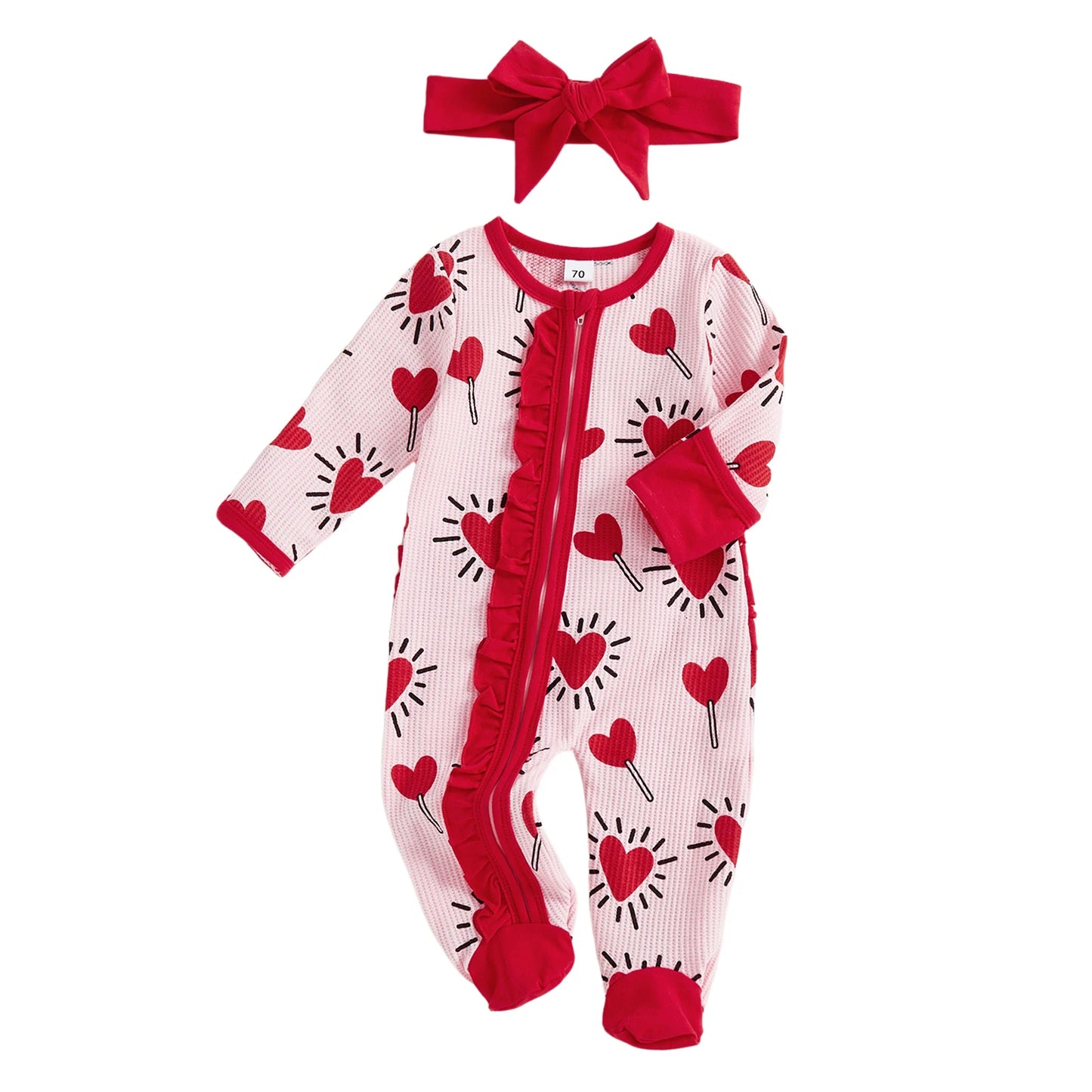 Baby Girl 2Pcs Valentines Day Zipper Romper Heart Candy Pattern Long Sleeve Zip Up Round Neck Footed Jumpsuit with Bow Headband Set