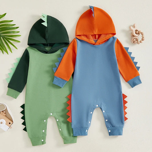 Baby Boys Romper Hooded Dinosaur Shaped Contrast Color Long Sleeve Fall Bodysuit Jumpsuit