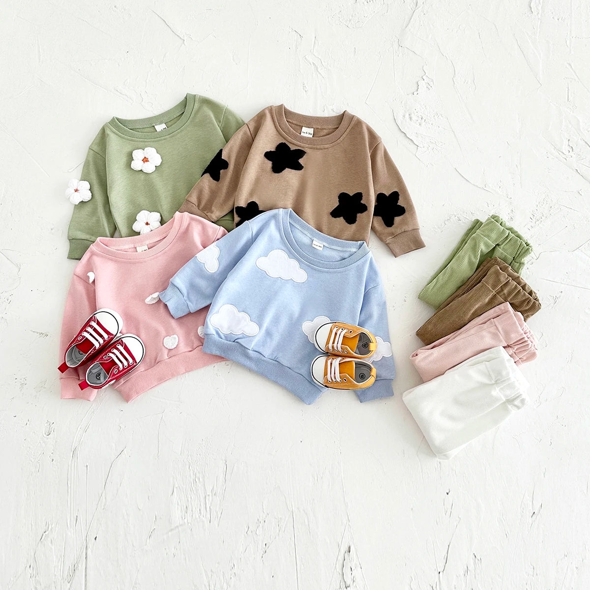 Baby Toddler Boys Girls 2Pcs Stars / Clouds / Flowers Crewneck Long Sleeve Top + Pants Set OUtfit