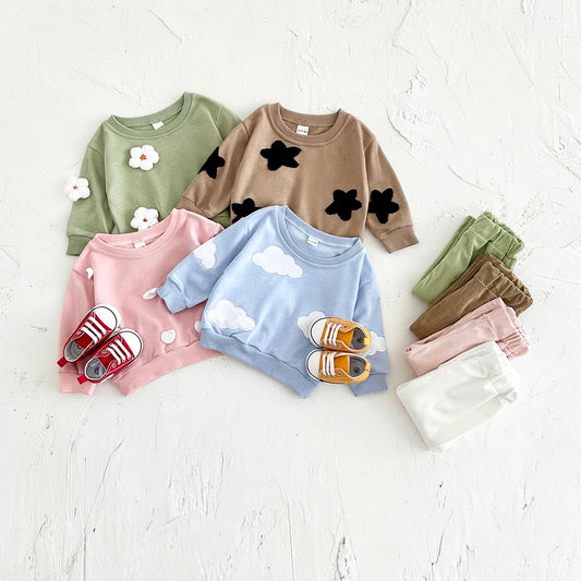 Baby Toddler Boys Girls 2Pcs Flower / Star / Cloud Long Sleeve Crewneck Top + Pants Jogger Set Outfit