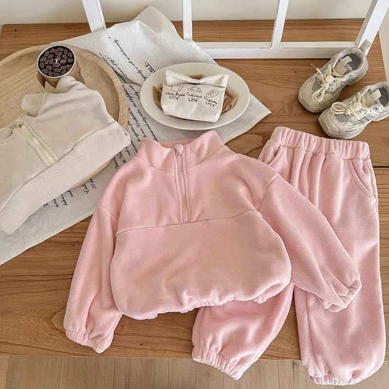 Toddler Kid Boy Girl 2Pcs Clothes Set Fleece Pullover Top Pant Suit Casual Warm Thick Winter Two Piece Jogger Set