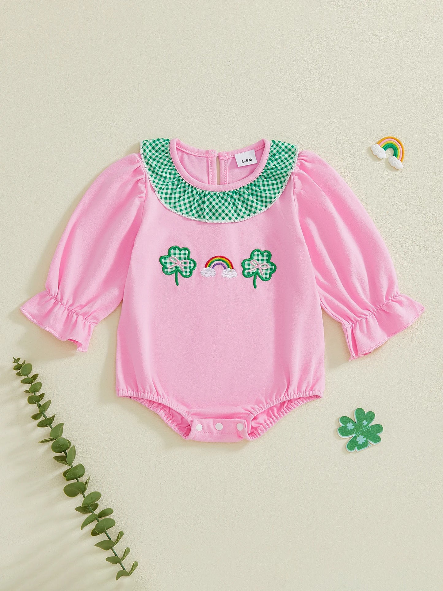 Baby Girls Romper Long Sleeve Round Neck Shamrock Embroidery Jumpsuit for St. Patrick's Day