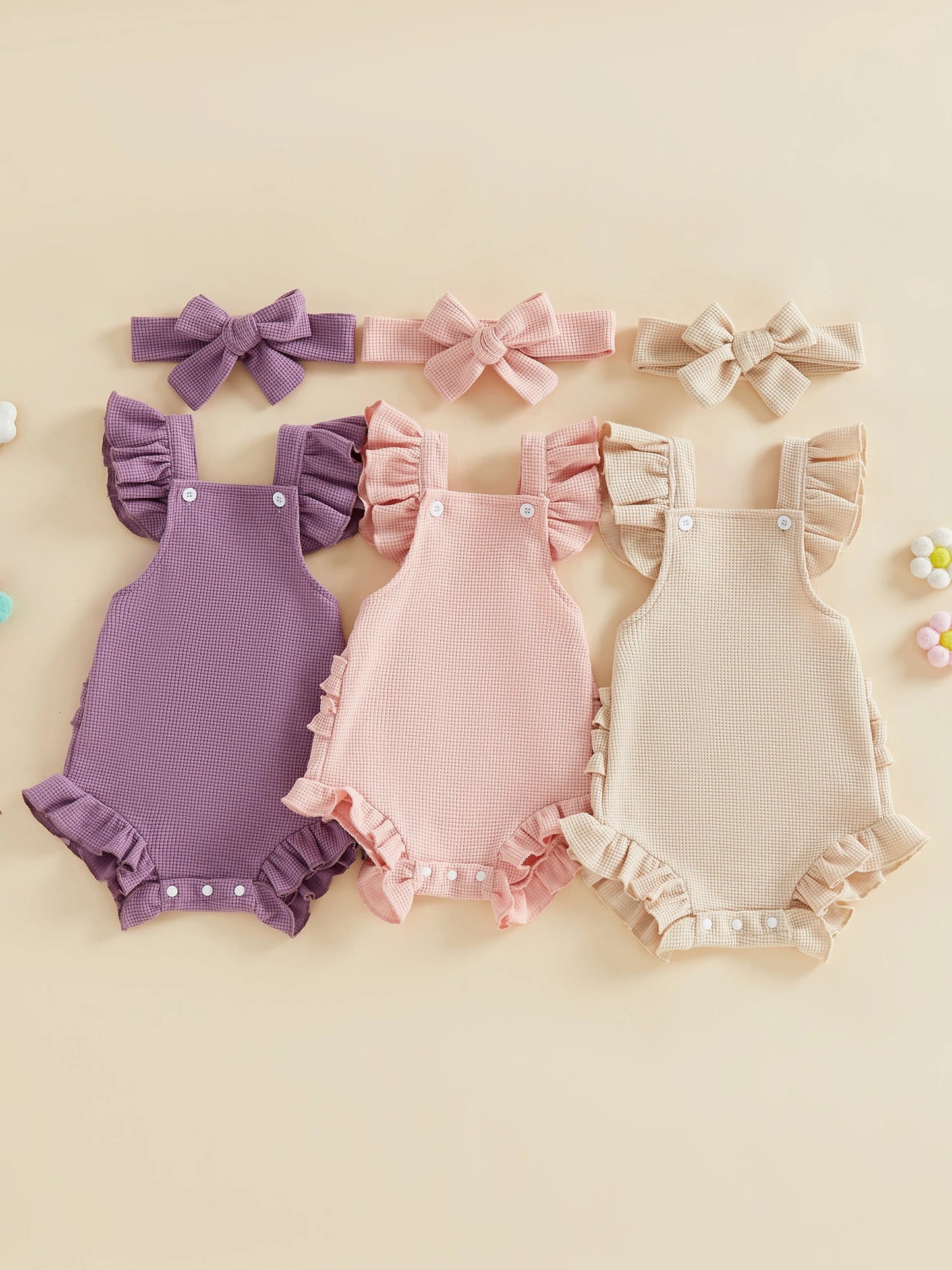 Baby Girl 2Pcs Spring Summer Outfits Ruffle Sleeveless Solid Color Romper with Headband Set