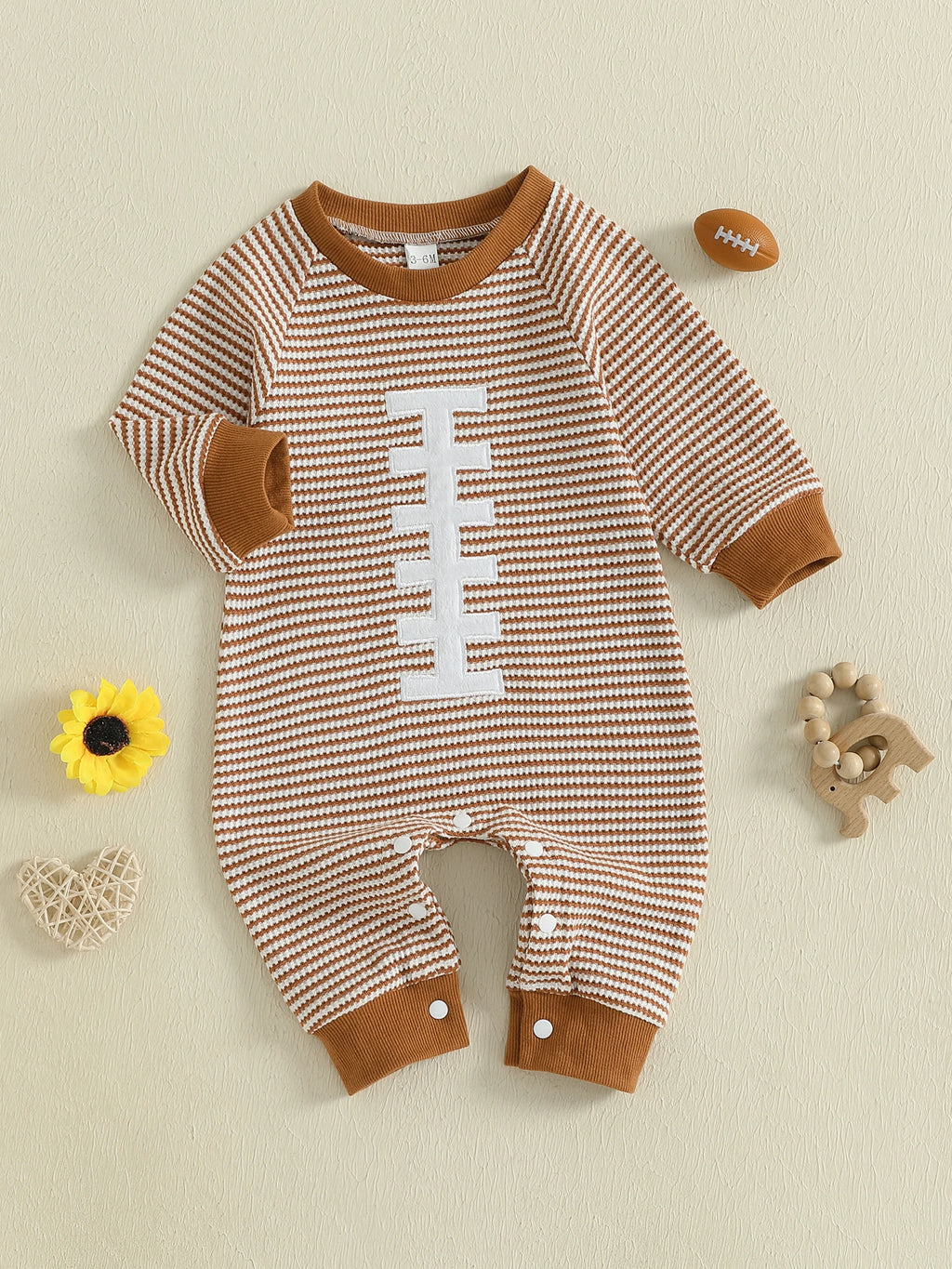 Baby Boy Fall Football Romper Casual Stripe Print Long Sleeve Game Day Jumpsuit