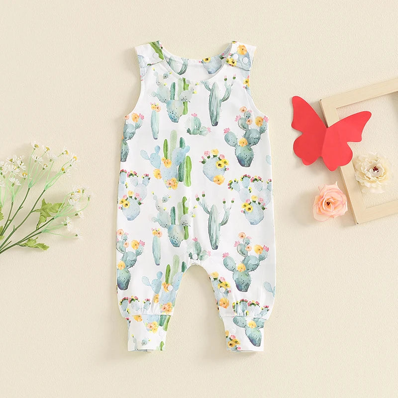 Baby Girl Summer Romper Cute Butterfly/Cactus Print Sleeveless Round Neck Jumpsuit Overalls