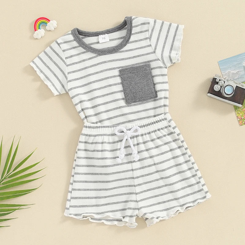 Baby Toddler Girl 2Pcs Summer Outfits Ruffles Short Sleeve Striped Top with Pocket T-Shirt + Matching Shorts Set