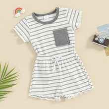 Load image into Gallery viewer, Baby Toddler Girl 2Pcs Summer Outfits Ruffles Short Sleeve Striped Top with Pocket T-Shirt + Matching Shorts Set
