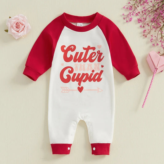 Baby Girls Valentine's Day Cuter Than Cupid Jumpsuit Long Sleeve O Neck Letter Heart Arrow Print Valentines Romper