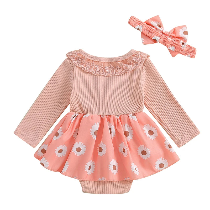 Baby Girls 2Pcs Romper Dress Floral Flower Print Lace Trim Long Sleeve Jumpsuit Romper and Headband Set