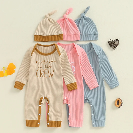 Baby Girls Boys 2Pcs New To The Crew / Little Brother / Sister Autumn Jumpsuit Long Sleeve Crewneck Letter Embroidery Romper with Hat Set