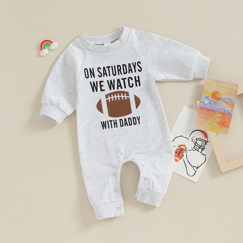 Baby Girl Boy Romper On Saturdays We Watch Football With Daddy Letter Print Long Sleeve Round Neck Jumpsuit Fall Clothes