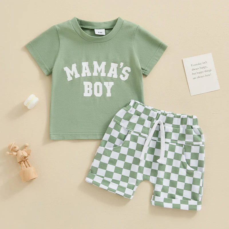 Toddler Baby Boys 2Pcs Mama's Boy Spring Summer Clothes Outfits Letters Print Top with Plaid Checker Shorts Clothing Set