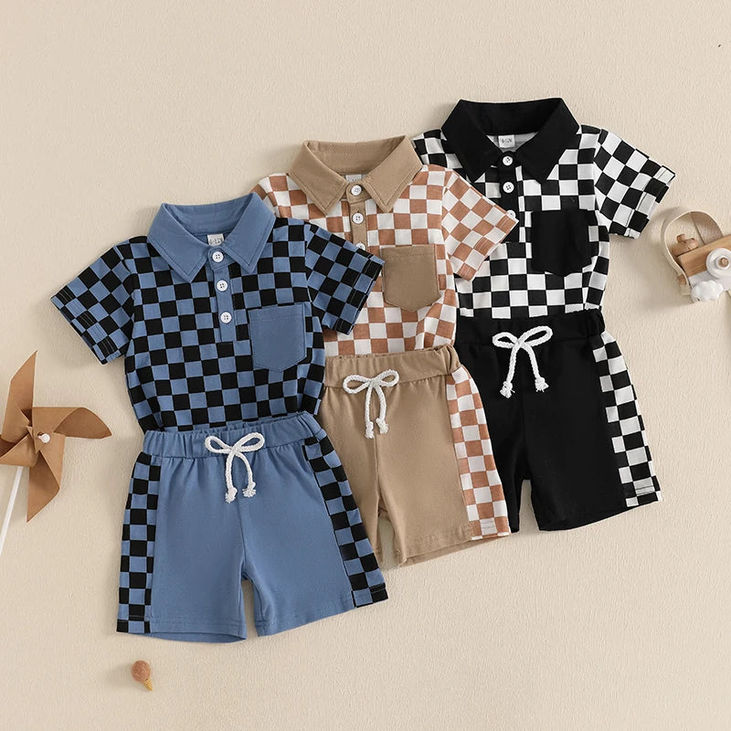 Baby Toddler Boys 2Pcs Set Short Sleeve Lapel Collar Checkered Print Top and Drawstring Shorts Outfit