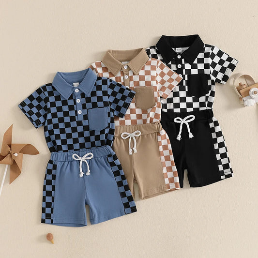 Baby Toddler Boys 2Pcs Set Short Sleeve Lapel Collar Checkered Print Top and Drawstring Shorts Outfit