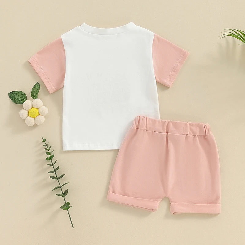 Toddler Baby Girls 2Pcs Daddy's Girl Spring Summer Set Fuzzy Letter Embroidery Short Sleeve Top Drawstring Shorts Outfit