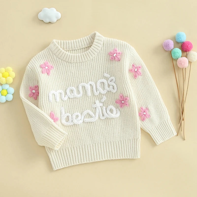 Baby Toddler Girl Mama's Bestie Knit Sweater Long Sleeve Flower Letters Embroidery Sweater Knitwear Top