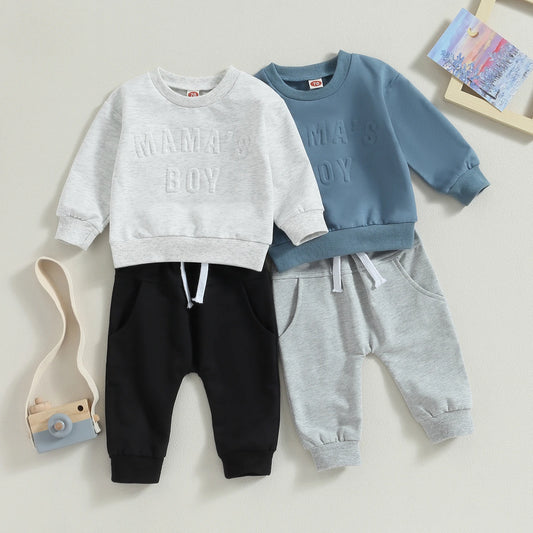 Baby Toddler Boys 2Pcs Mama's Boy Embossed Letter Long Sleeve Top Elastic Waist Pants Set Outfit