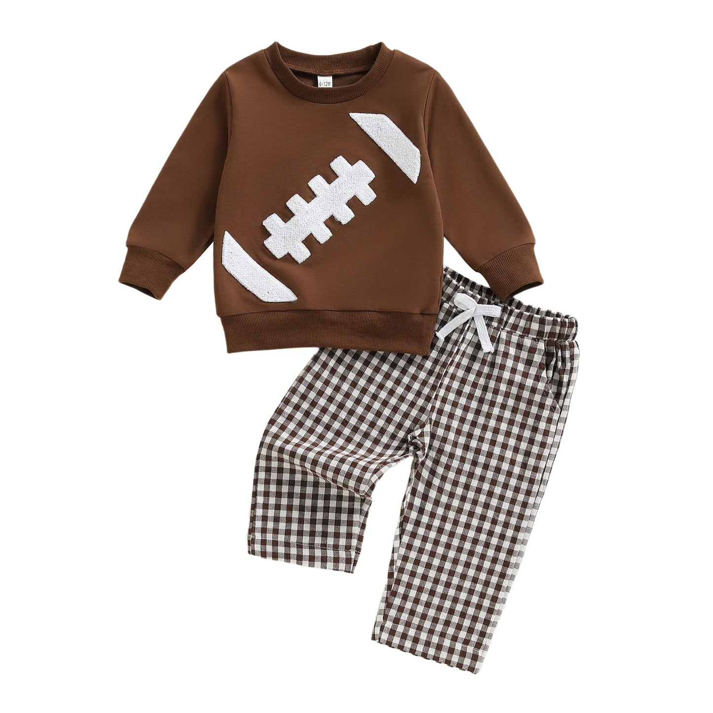 Baby Toddler Boys 2Pcs Fall Set Fashionable Long Sleeve Football Embroidery Pullover with Plaid Pants Outfits