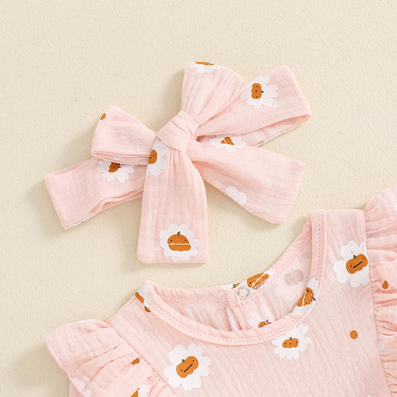 Baby Girls 2Pcs Halloween Thanksgiving Outfit Long Sleeve Pumpkin Flower Pie Print Romper with Headband Set