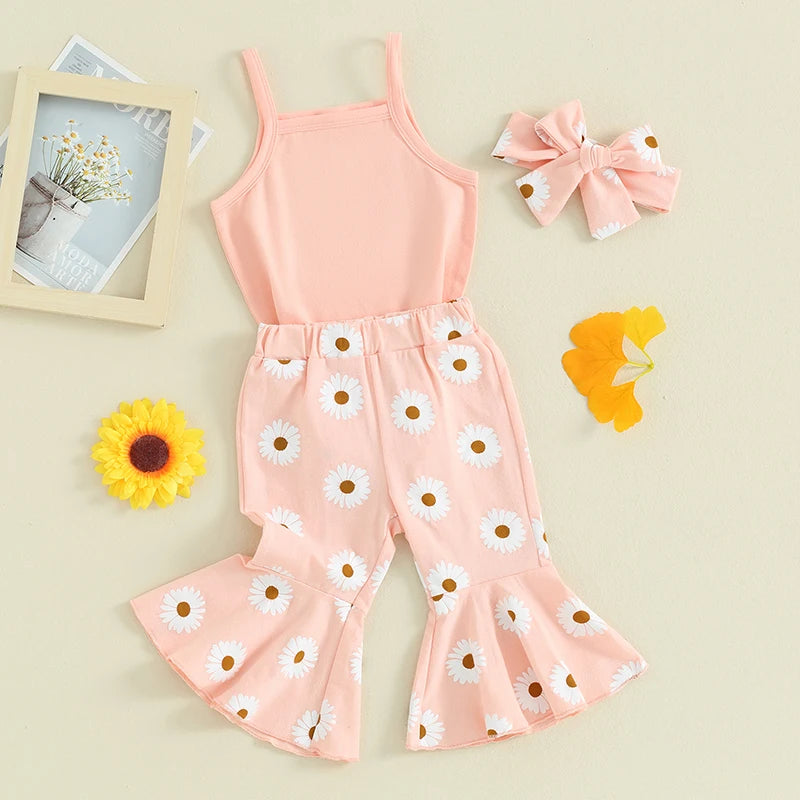 Baby Girls 3Pcs Summer Outfit, Sleeveless Tank Top Romper with Daisy Flower Print Flare Long Pants and Headband