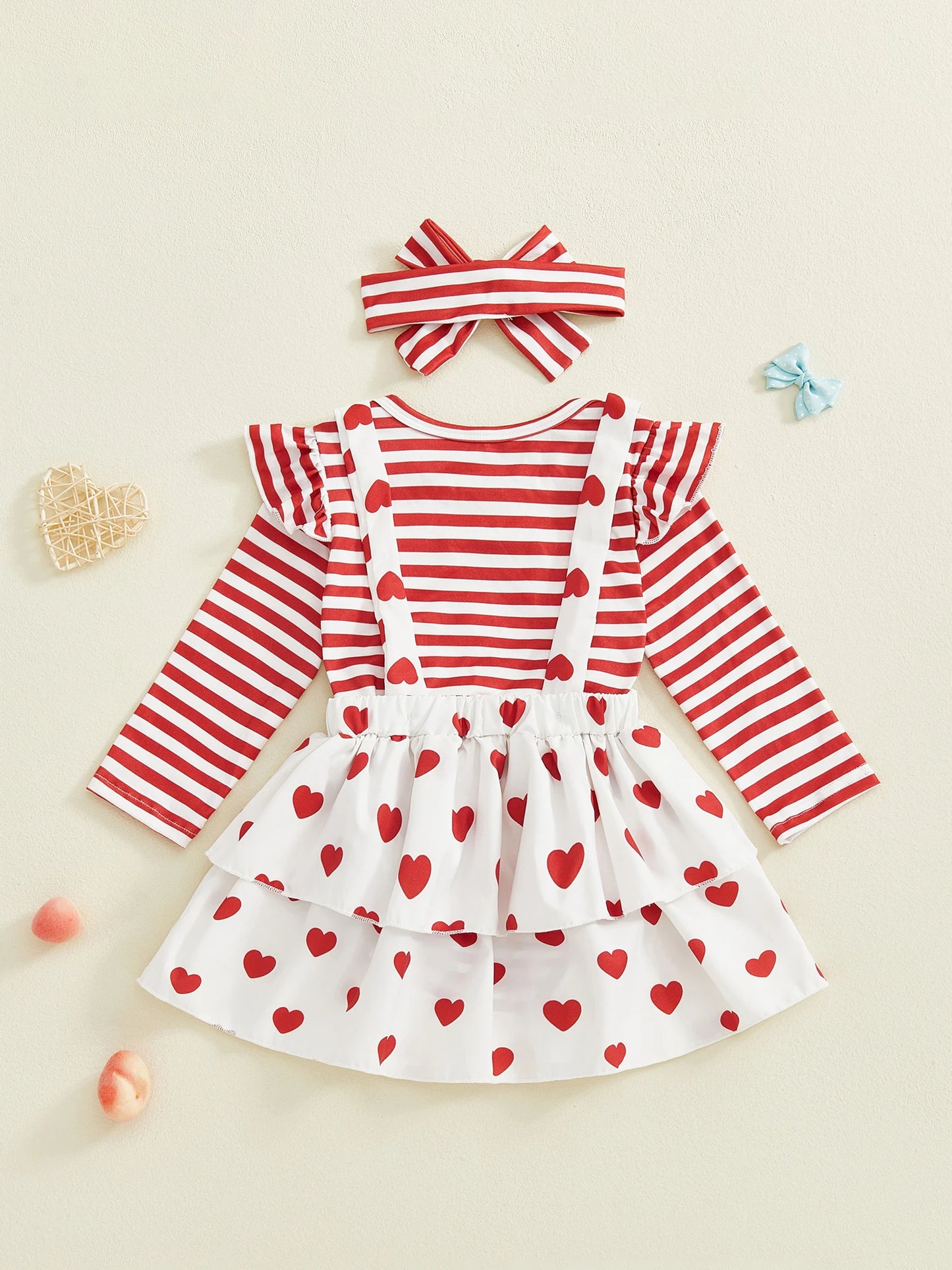 Baby Girl 3Pcs Valentine’s Day Outfit Long Sleeve Stripes Print Romper Suspender Skirt Dress Headband Set