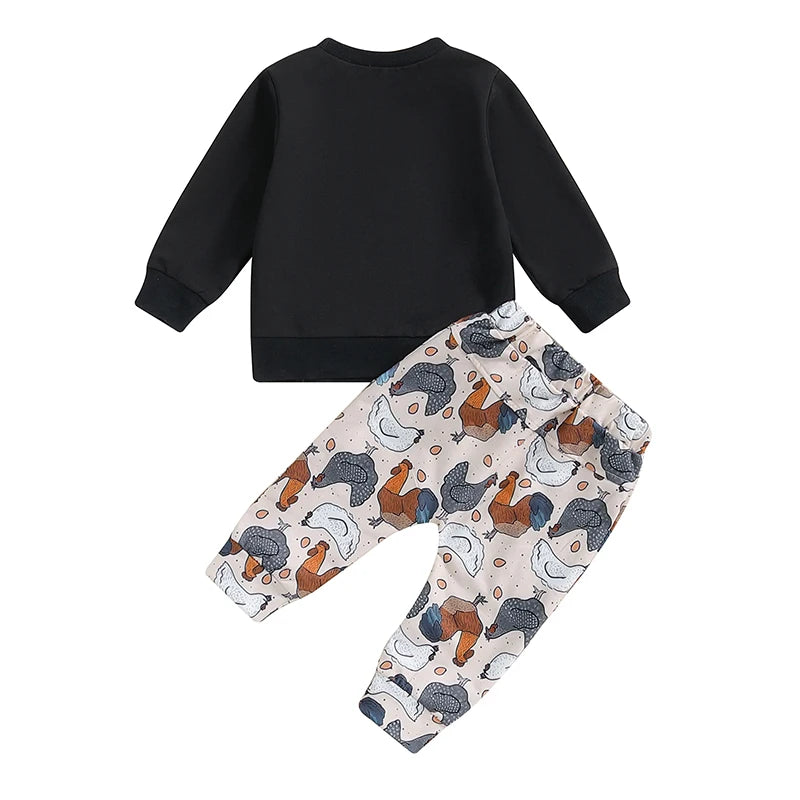 Baby Toddler Boys 2Pcs Chicken Nugs & Mama Hugs Autumn Outfit Long Sleeve Crew Neck Letter Print Top Chicken Print Pants Set