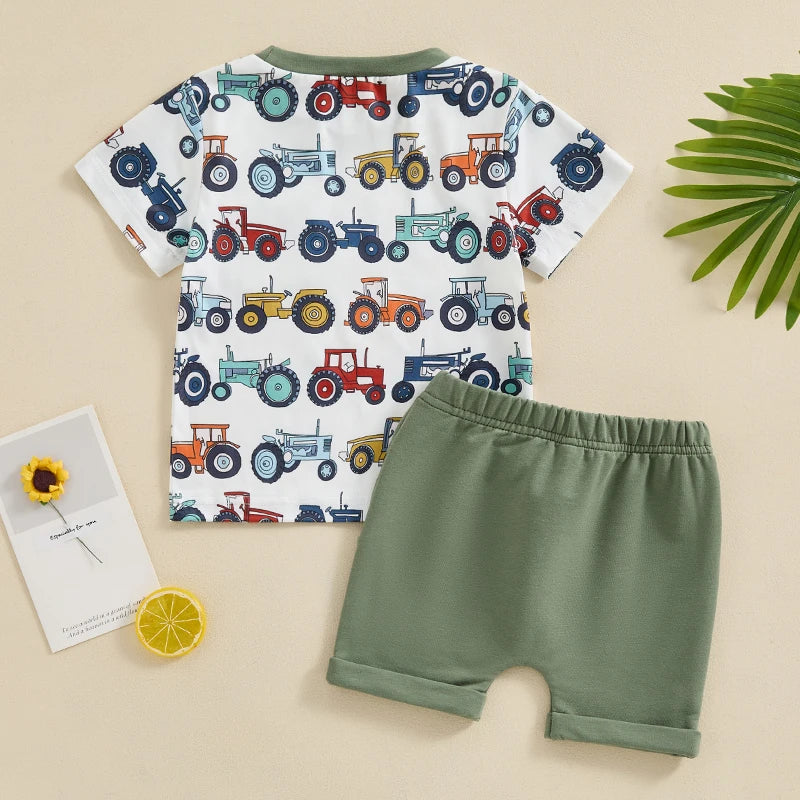 Toddler Baby Boys 2Pcs Short Sleeve Tractors Print Top and Drawstring Shorts Set