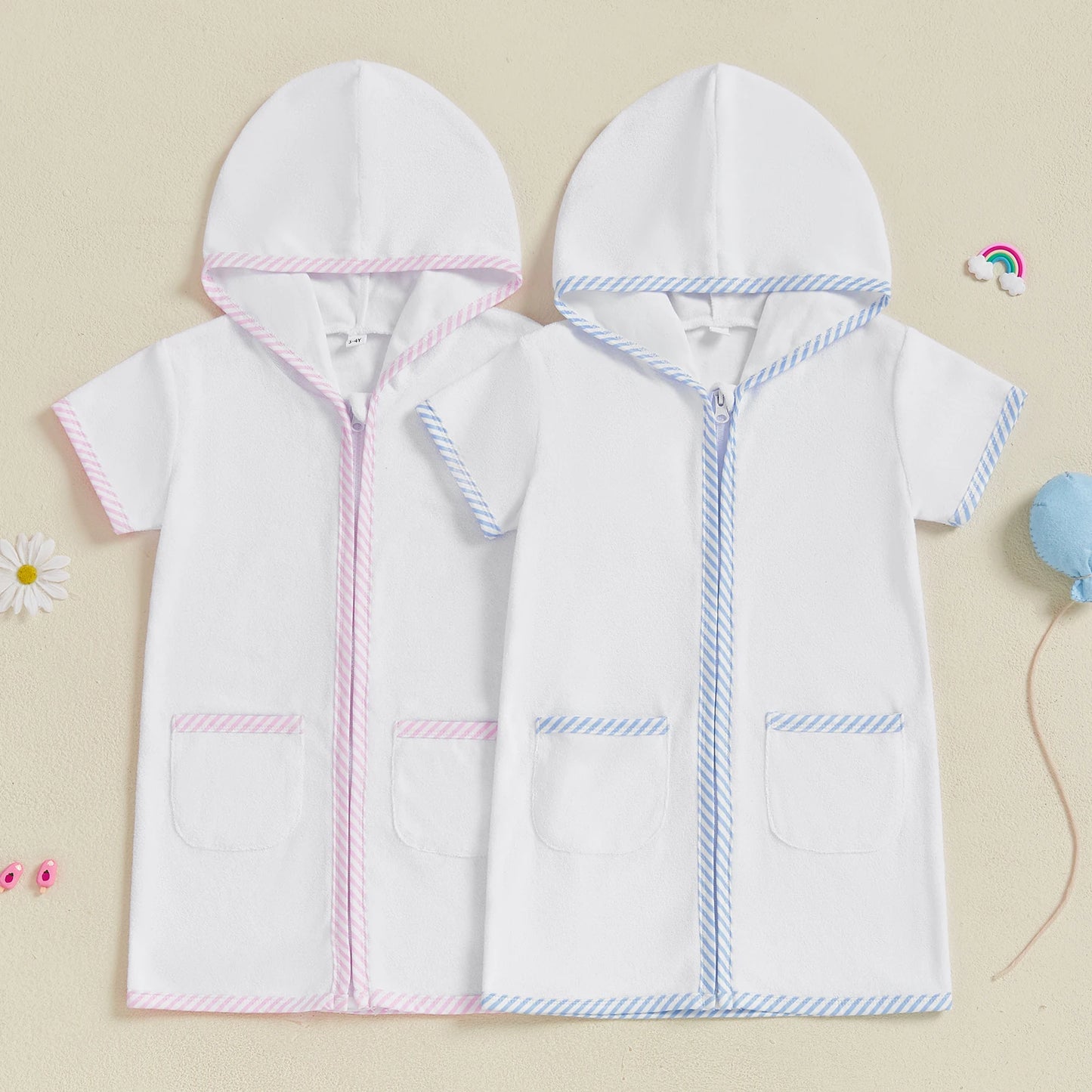 Toddler Kids Boys Girls Cover up Swimwear Striped Patchwork Short Sleeve Zipper Hoodie Beach Shirt Towel