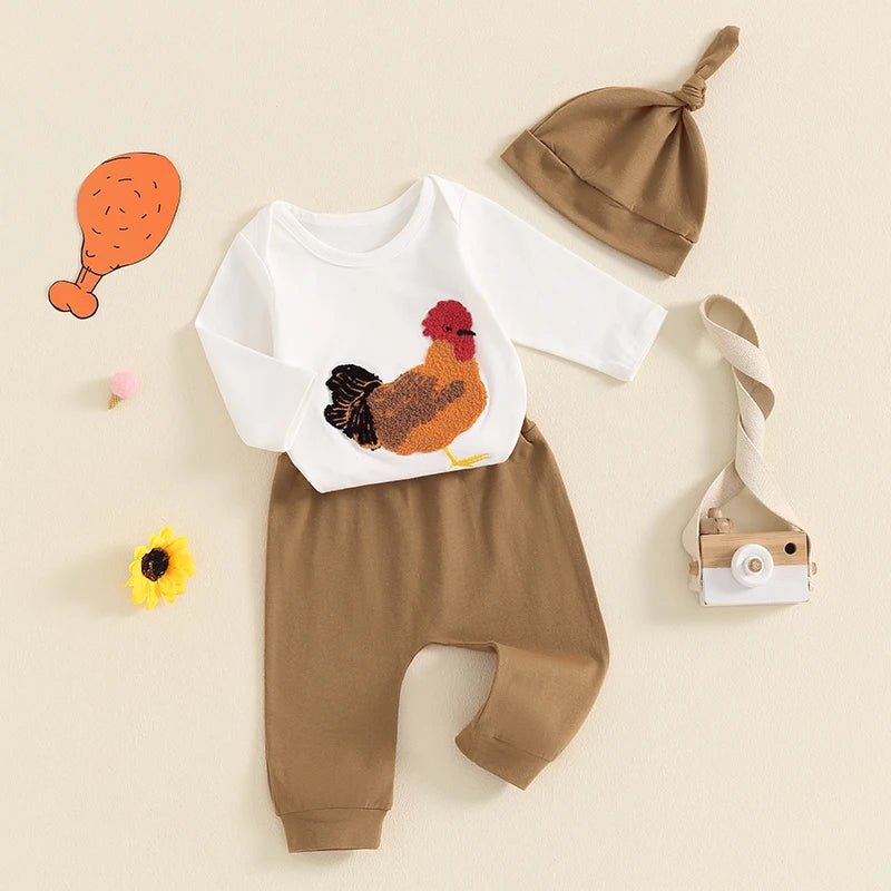 Baby Boy Girl 3Pcs Fall Outfit Chicken Embroidery Long Sleeve Romper Elastic Waist Pants Hat Clothes Set