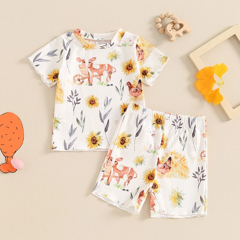 Toddler Kids Girls 2Pcs Clothes Set Chicken Cow Flower Print Short Sleeve Top with Shorts Summer Outfit