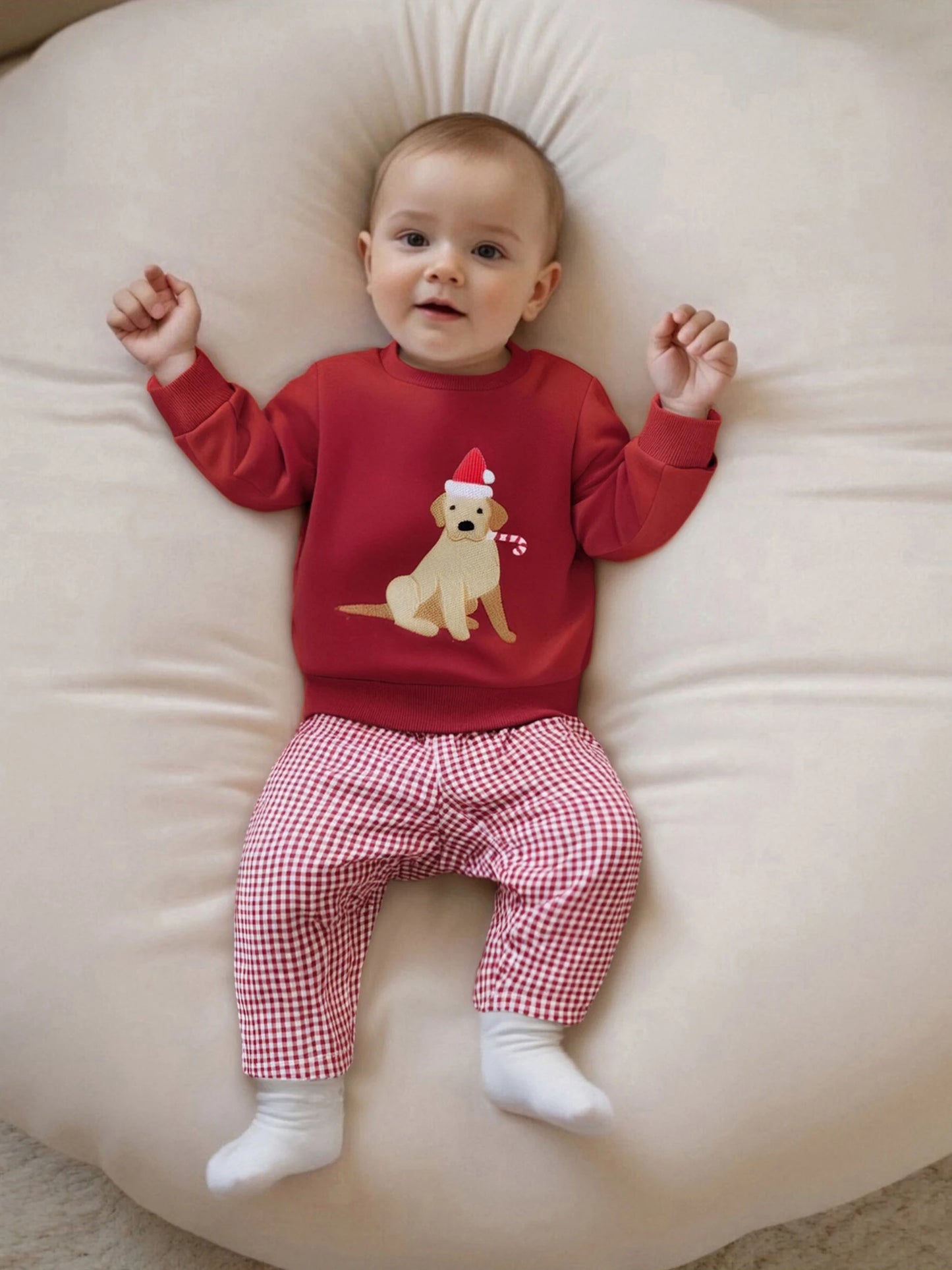 Baby Toddler Girls Boys 2Pcs Christmas Outfit Dog Embroidered Crew Neck Long Sleeve Top and Plaid Pants Set
