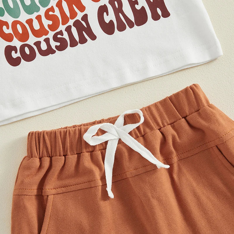 Toddler Baby Girl Boy 2Pcs Cousin Crew Summer Outfits O-Neck Short Sleeve Letter Print Top + Elastic Waist Shorts Set Matching Family Cousins