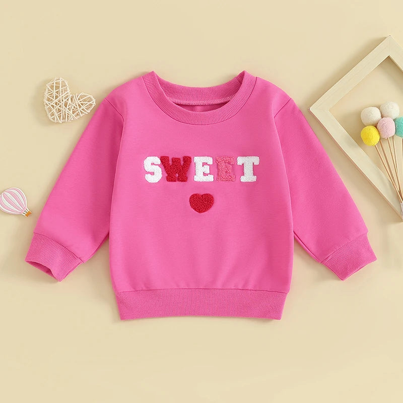 Baby Toddler Girl Valentine's Day Long Sleeve Letter Sweet / Be Mine / Kiss Me Heart Embroidery Crewneck Top