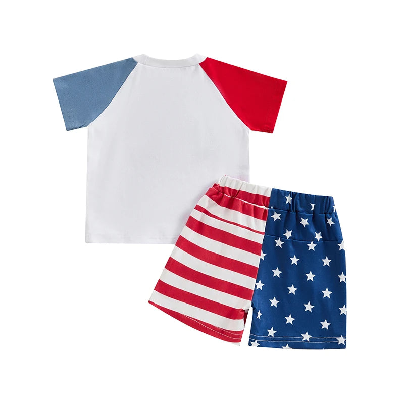 Baby Toddler Boys 2Pcs 4th of July White Short Sleeve USA Letter Embroidery Top Star Stripe Print Shorts Set