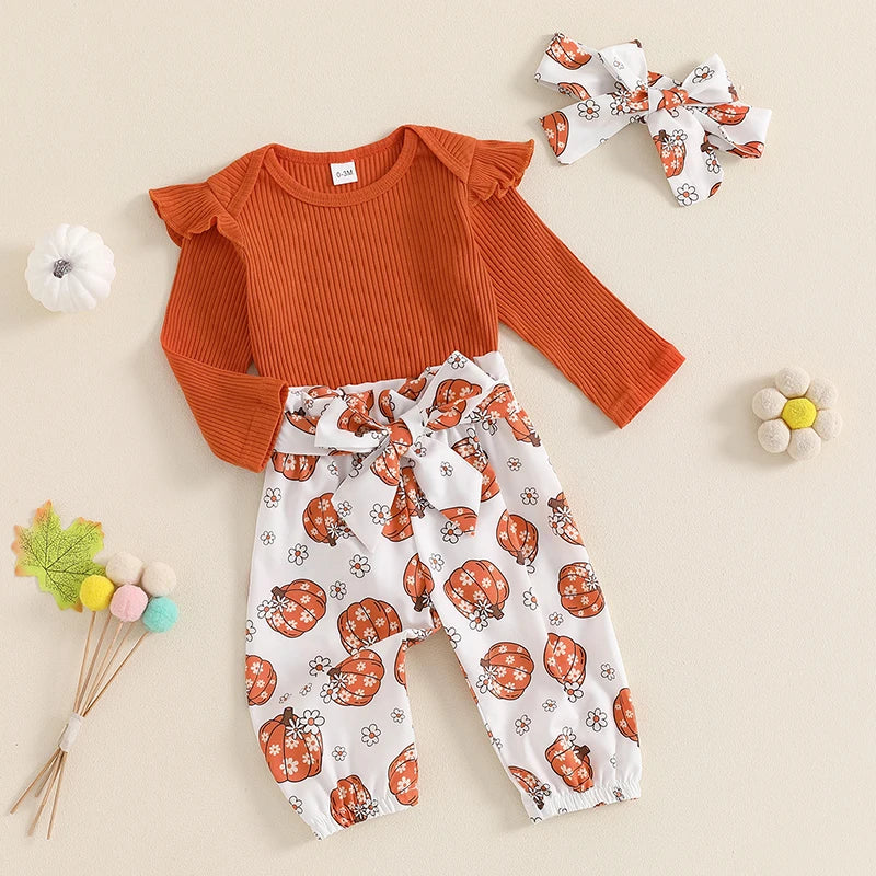 Baby Girls 3Pcs Halloween Outfit Ribbed Long Sleeve Frill Sleeve Romper and Elastic Pumpkin Flower Print Pants Headband Set