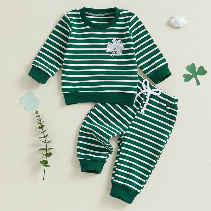 Baby Toddler Boys 2Pcs St. Patrick's Day Outfit Clover Embroidered Striped Long Sleeve Crewneck Top Joggers Pants Set