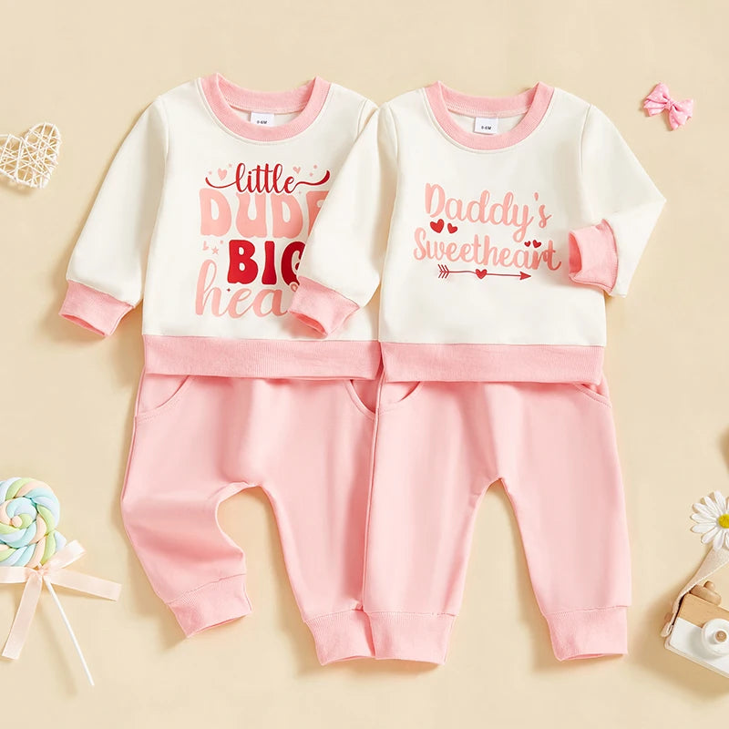 Baby Toddler Girls 2Pcs Little Dude Big Heart / Daddy's Sweetheart Outfit Letter Heart Print Long Sleeve Crewneck Top with Solid Color Pants Valentines Jogger Set Valentine's Day