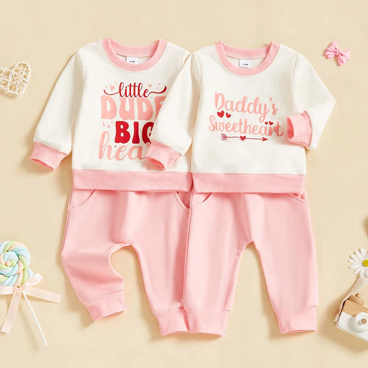 Baby Toddler Girls 2Pcs Little Dude Big Heart / Daddy's Sweetheart Outfit Letter Heart Print Long Sleeve Crewneck Top with Solid Color Pants Valentines Jogger Set Valentine's Day