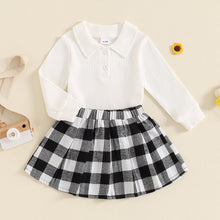 Load image into Gallery viewer, Toddler Kids Girls 2Pcs Long Sleeve Collared Shirt Top with Pleated Mini Plaid Skirt Fall Outfit Set
