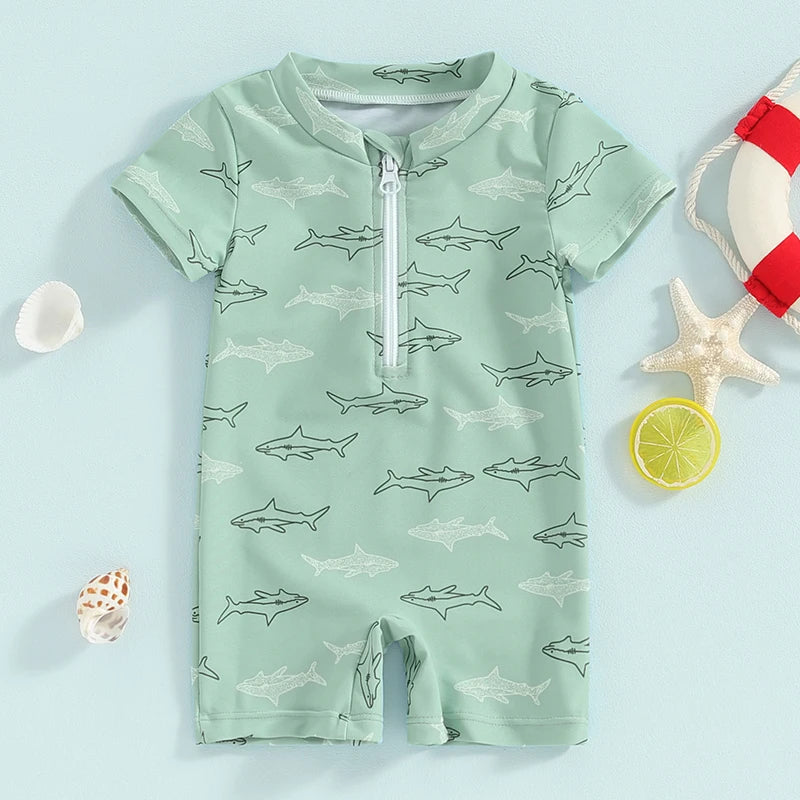 Baby Toddler Boys Summer Swimsuit Rompers Short Sleeve Turtle/Shark Print Zipper Bathing Suit Swimwear Romper