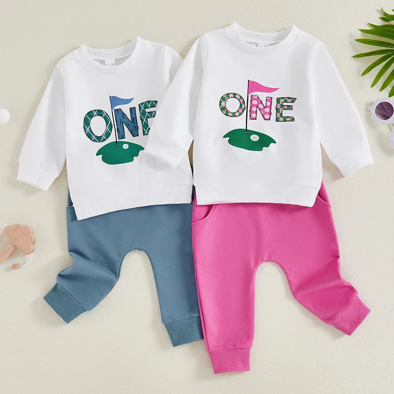 Baby Boys Girls 2Pcs ONE year old Birthday Outfit Golf Letter Print Long Sleeve Crewneck Top and Elastic Pants Set for Fall