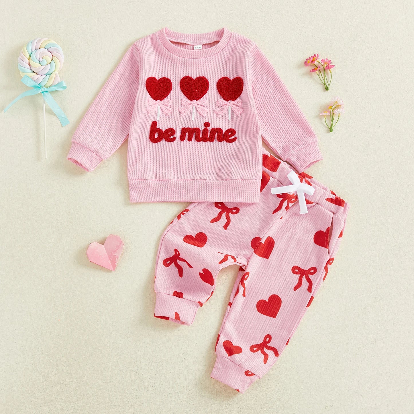 Baby Toddler Girls 2Pcs Valentine's Day Be Mine / Jesus Loves Me Outfit Fashionable Heart Letters Embroidery Long Sleeve Pullover Top with Pants Jogger Set