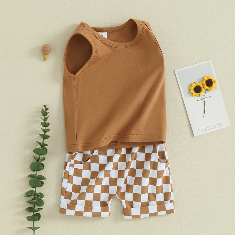 Baby Toddler Boys 2Pcs Clothes Solid Color Sleeveless Tank Top Checkered Shorts Outfit Set