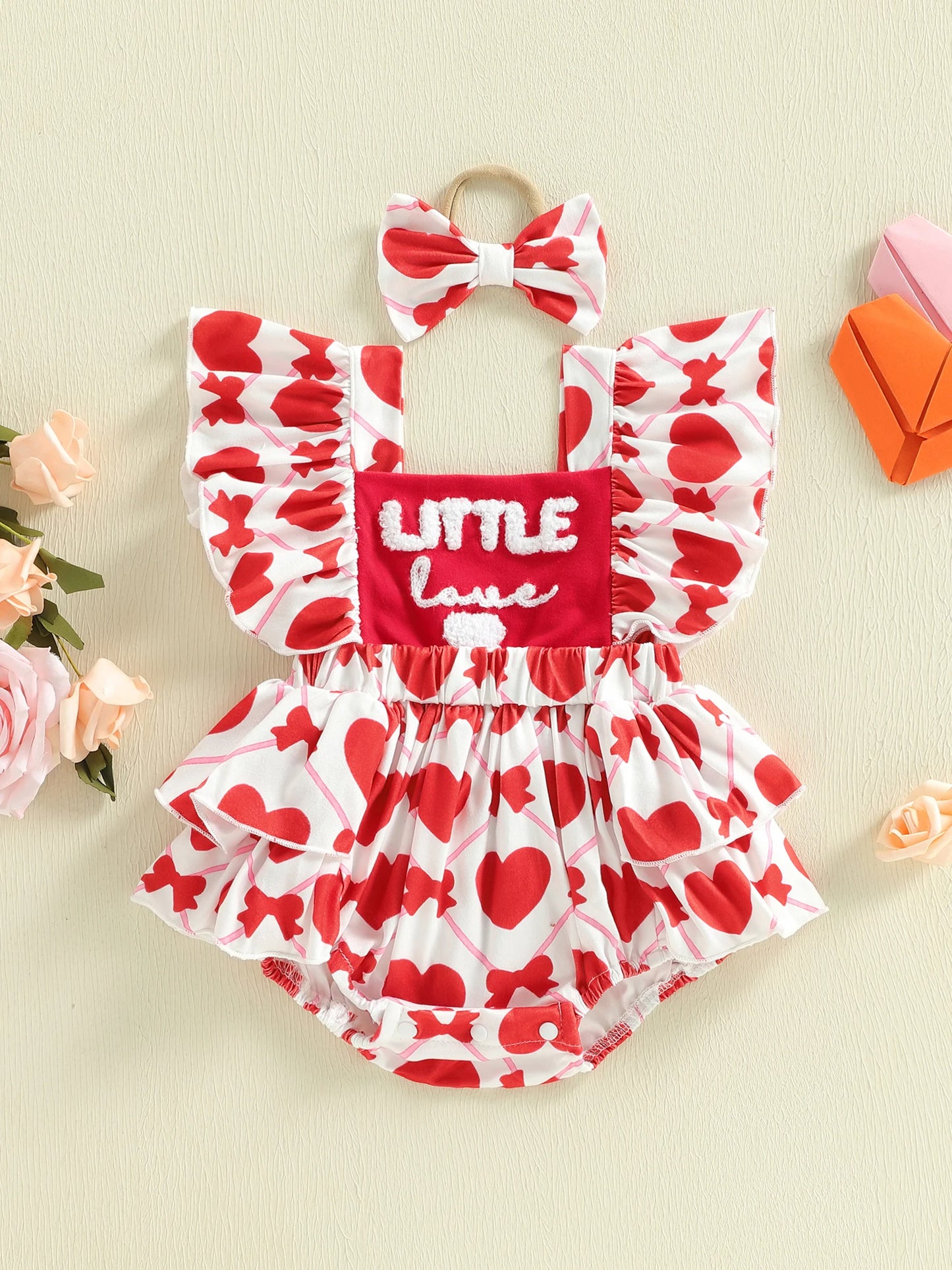 Baby Girls 2Pcs Little Love Valentine's Day Romper Flutter Sleeve Letter Embroidery Heart Print Jumpsuits with Bow Headband Set