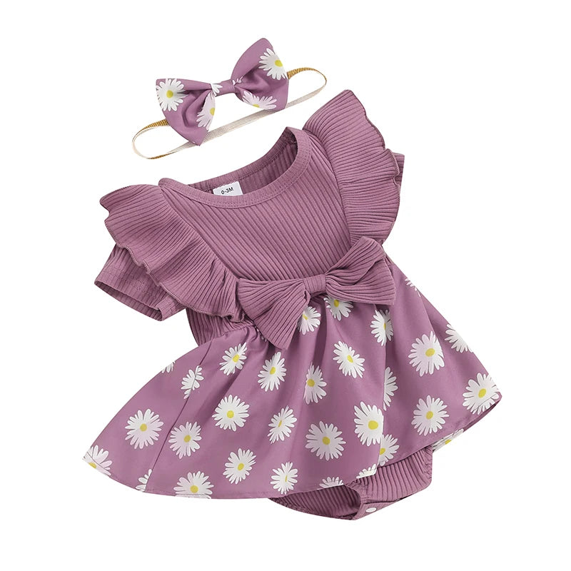 Baby Girl 2Pcs Romper Dress Skirt Daisy Print Short Sleeve Round Neck Jumpsuit Frill Sleeve with Bow Headband